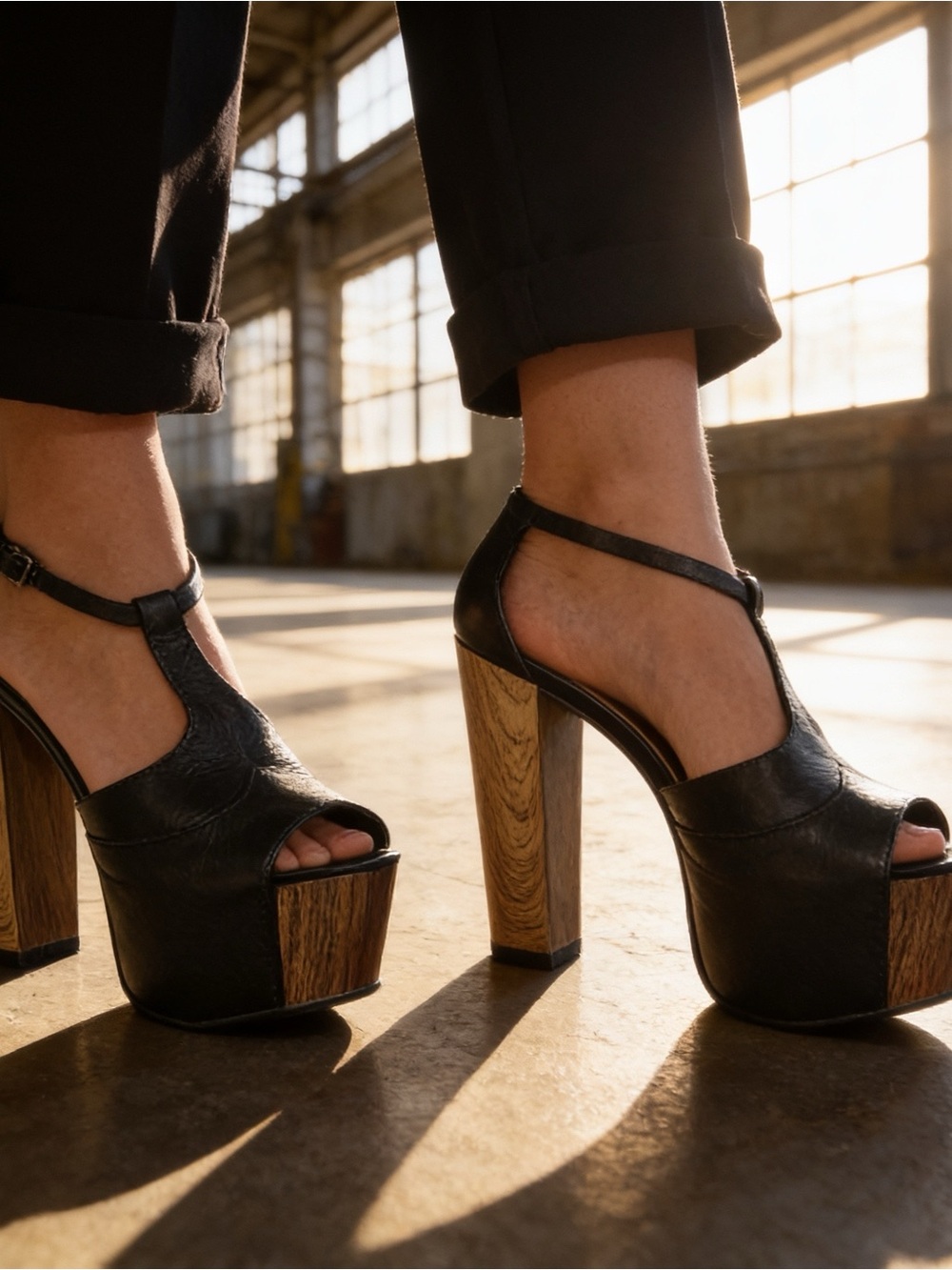Jessica Simpson Black Leather T-Strap Platform Sandals